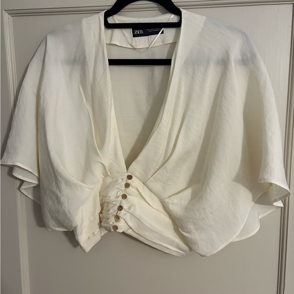 Zara Cream Flutter Sleeve Ruched Blouse